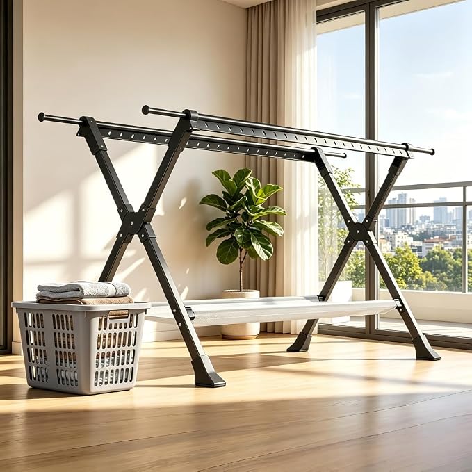 Telescopic Folding Floor Clothes Drying Rack, Thickened Steel Pipe, Household Balcony & Outdoor Clothes Hanging Rod with Drying Net (Large)