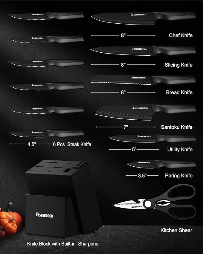 Astercook 15 Pieces Kitchen Knife Block Set with Sharpener, Black | Built-in Sharpener Block, Dishwasher Safe, German Stainless Steel, Ergonomic Handle, Kitchen Weddings Birthdays Gift