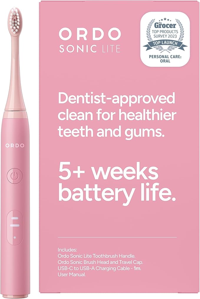 ORDO Sonic Lite Electric Toothbrush, Adults, Rechargeable, USB-C, Petal | Rechargeable sonic electric toothbrush, 35,000 pulses/min, dual modes, smart timer, 5+ week battery, USB-C charger