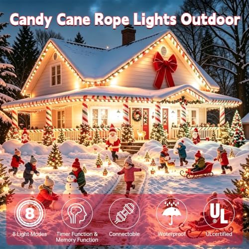 Christmas Candy Cane Lights, 33ft White & Red & Geeen Christmas Rope Lights