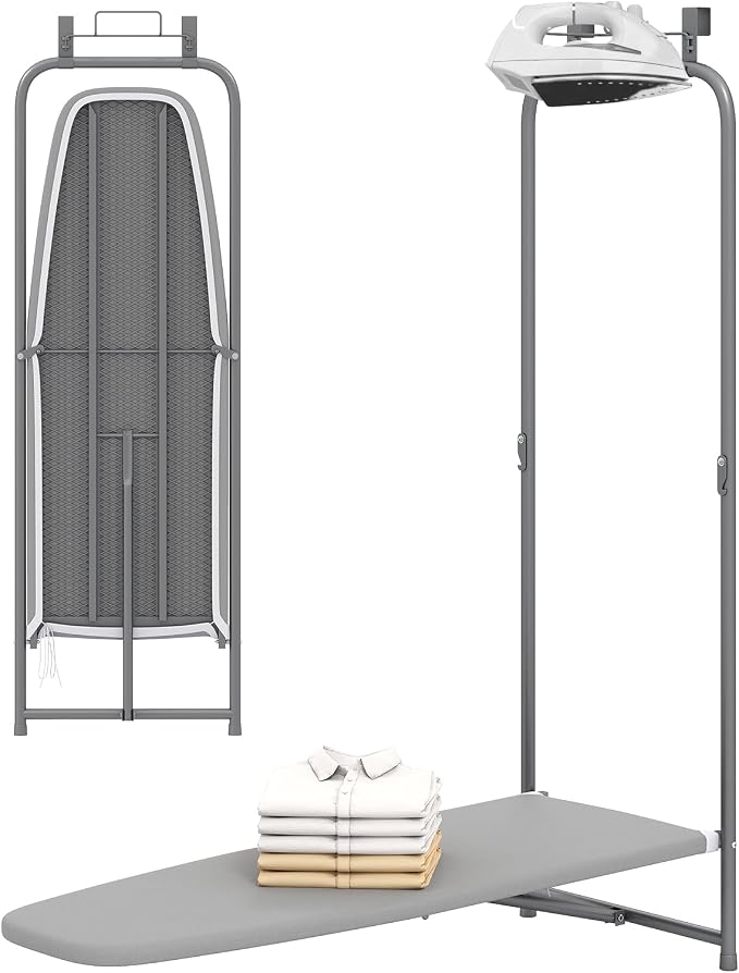 GOFLAME Over Door Ironing Board, Hanging Ironing Board with Iron Holder & Heavy-Duty Metal Frame, Space-Saving Folding Iron Board for Laundry Bathroom, Small Spaces, 42” x 16.5” x 50” (L x W x H)