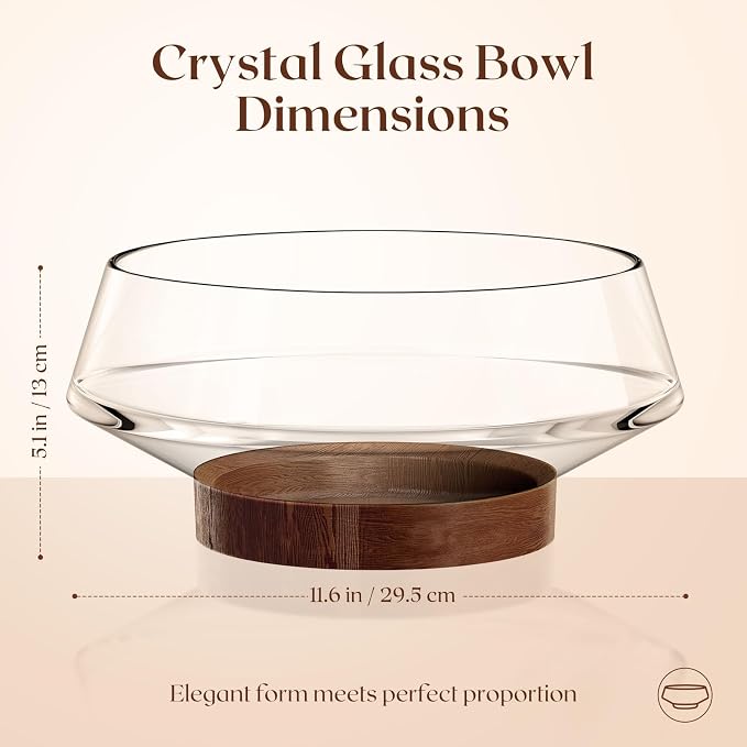 SoulThink® Golden Ratio Extra Large Crystal Glass Salad Bowl Set - Hosting Essentials Salad Serving Bowl with Acacia Wooden Salad Servers and Base, Dinner Party Must Haves for All Occasions