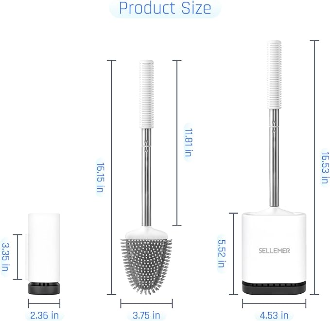 Sellemer Toilet Brush and Holder Set for Bathroom, Flexible Toilet Bowl Brush Head with Silicone Bristles, Compact Size for Storage and Organization, Ventilation Slots Base (2 Pack, White)