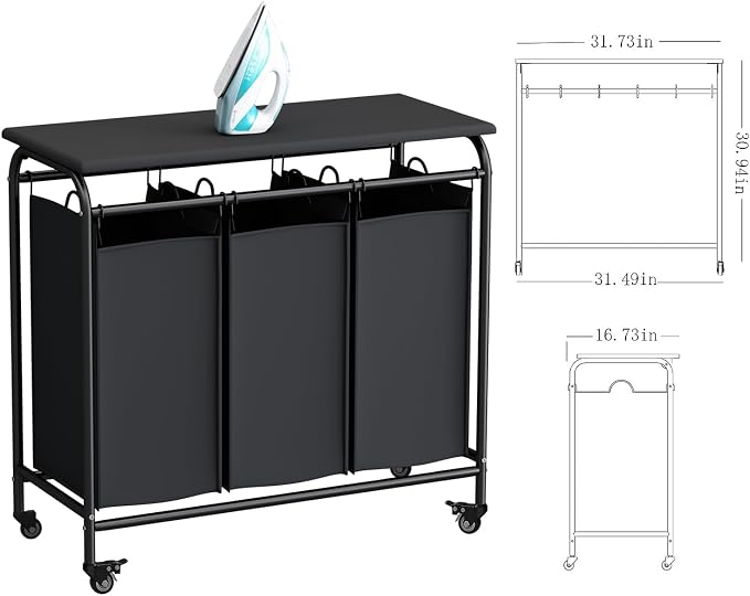 LINZINAR 3-Bag Laundry Hamper with Ironing Board, Black 135L Laundry Sorter | Laundry Room Organization with Heavy Duty Rolling Lockable Wheels and Removable Bag, Bedroom Laundry Cart for Clothes Storage