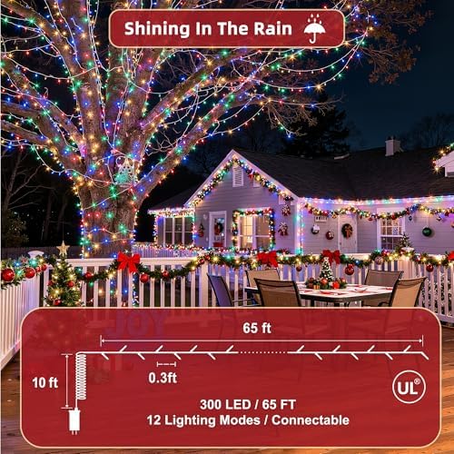 300 LED Outdoor Christmas Lights 75ft, 12 Lighting Modes Indoor String Lights Dimmable & Timer Memory, Outsite Waterproof Tree Lights for Xmas Garden Wedding Party Holiday Decorations Multicolor