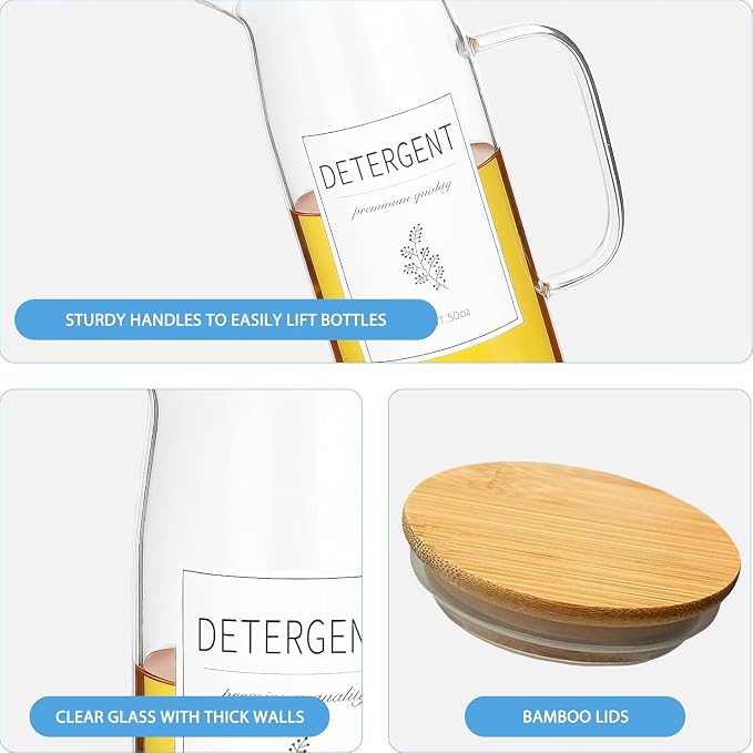 Laundry Detergent Dispenser Set with Bamboo Lids and Handles - Easy Pour 3 Pack 50 oz Liquid Laundry Containers for Laundry Room Organization and Storage
