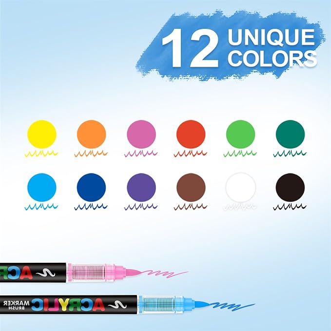 Guangna Acrylic Paint Markers Brush Tip, 12 Vivid Colors with Direct-Liquid Ink System, Professional-Grade Paint Pen for Rock Painting, Canvas, Glass, Plastic, Fabric Pumpkin Painting Decorating Kit