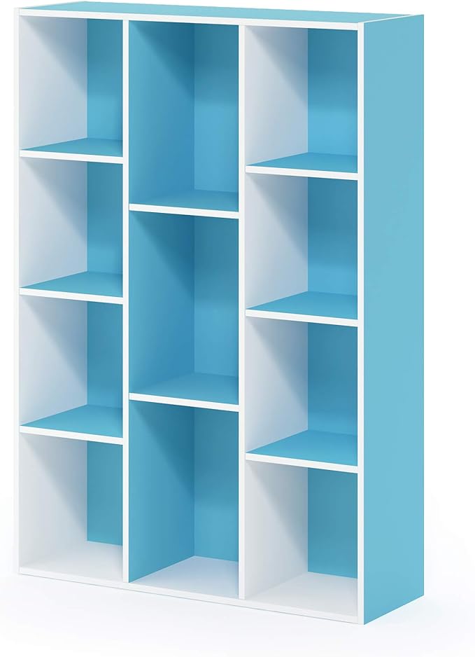 Furinno LUDER Book Shelf, 11-Cube Bookshelf, Reversible Bookcase, 9.4 x 29.1 x 41.7, Easy Assembly, for Living Room, Bedroom, Home Office, White/Light Blue