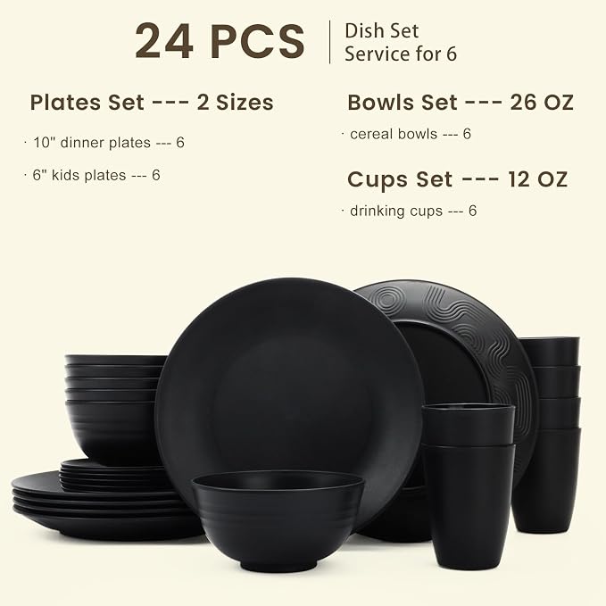Homienly 24-Piece Wheat Straw Dinnerware Sets,Service for 6 - Cups, Plates and Bowls Sets,Reusable Dishwasher and Microwave Safe Melamine Dinnerware Set for Home,Camping,RVs - Black