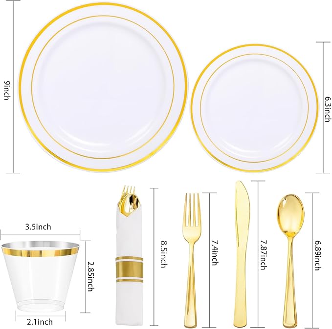 WDF Partyware 350Piece Gold Dinnerware Set for 50 Guests - Gold Plastic Plates with Disposable Cutlery - 50Dinner Plates-50Dessert Plates-50Pre Rolled Napkins with Silverware for Wedding/Birthday