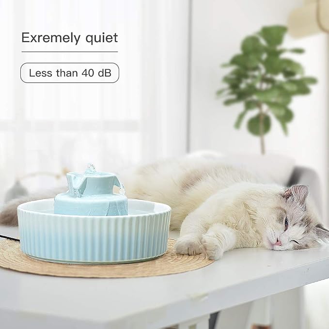 360 Ceramic Pet Fountain, Advanced Porcelain Cat Water Fountain, 70 oz.Drinking Fountains Bowl for Cat and Dogs with Replacement Filters and Foam (Green Blue)