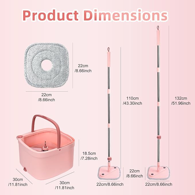 Upgraded Spin Mop and Bucket System Set, Self Separate Clean and Dirty Water, Foldable Square Standing Mop Head with Microfiber Mop Pads, Detachable Bucket (Pink, 1.0 Mop Bucket Set with 6 Pads)