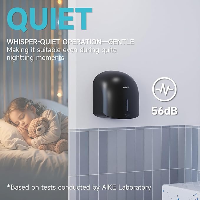 AIKE GentleAir Warm Hand Dryer,Low Noise Perfect for Home Bathrooms,Black Cover AC110V-130V,Model AK2637