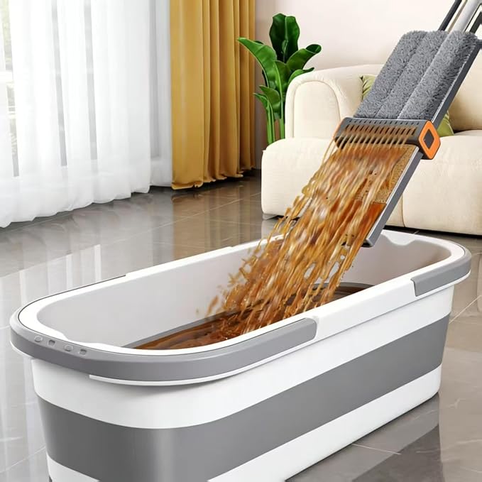 Large Flat Mop and Scalable Bucket with Wheels | 360 Rotating Microfiber Dust Mop, Dewatering Scraper, 54" Adjustable Stainless Steel, 1 Mop 6 Microfiber Pads 1 Bucket