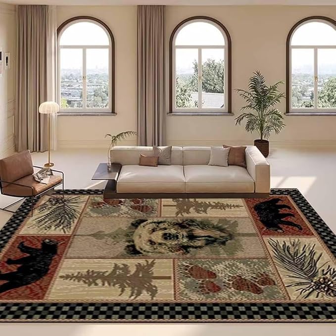 Vintage Lodge Cabin Bear Rugs for Hallway Non-Slip Rustic Lattice Border Area Rug Couch Decor Indoor Door Mat Wildlife Floor Carpet 2'x3'