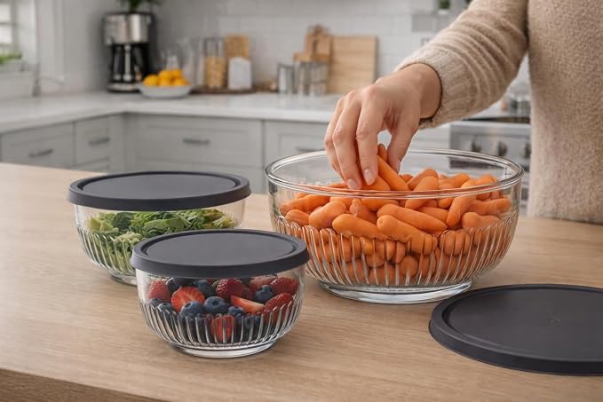 BOHEM'S 3 Pack Glass Bowls with Lids, Space-Saving Stackable Heavy Glass Food Storage Containers set with Lids, Meal Prep Containers With BPA-Free airtight Lids (4-6-11 cup) (30–50–88 oz)