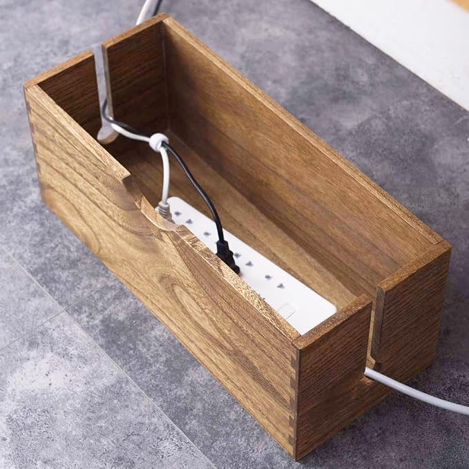 KIRIGEN Wooden Cable Management Box Set of 2, Cord Organizer, Brown | Large and Small Solid Wood Boxes with Removable Lids for Power Strips, Chargers, Routers, and Desks Home Office