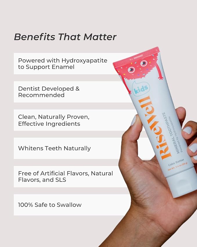 RiseWell Mineral Toothpaste for Kids - Hydroxyapatite Toothpaste with Xylitol for Teeth Protection - Made by Dentists, SLS Free, Safe to Swallow, Gentle and All Natural - Cake Batter Flavor, 3.4 Oz