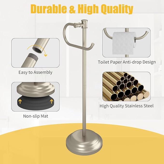 BESy Toilet Paper Holder Stand SUS 304 Free Standing Bathroom Tissue Holder with Storage Hardware Accessories Rack Hand Towel Bar Rustproof Lavatory Tissue Roll Holder Floor Modern Brushed Nickel