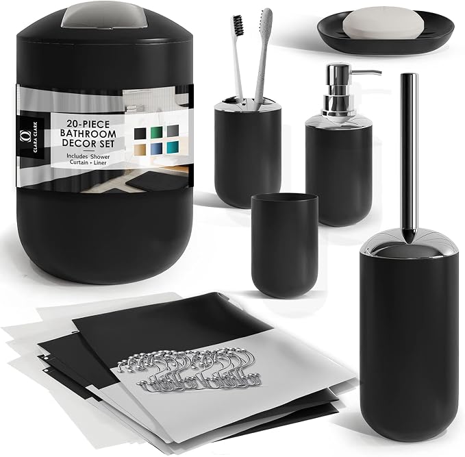 Clara Clark Bathroom Set - Black Bathroom Accessories Set, 20PC Bathroom Accessory Set, Shower Curtain Set, Soap Dispenser, Toilet Brush, & Trash Can
