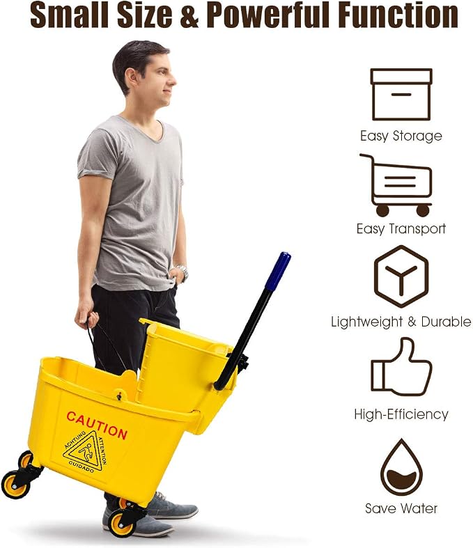 Goplus Commercial Mop Bucket with Wringer, Household Portable Mop Bucket, Ideal for Household and Public Places Floor, 26 Quart Capacity, Yellow (26 Quart)