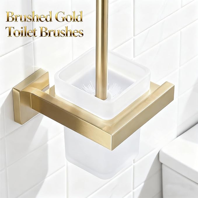 Brushed Gold Toilet Brush and Holder Set, NEWRAIN Wall Mounted Toilet Bowl Brush with Long Handle, Stainless Steel Toilet Brushes for Bathroom-Space Saving