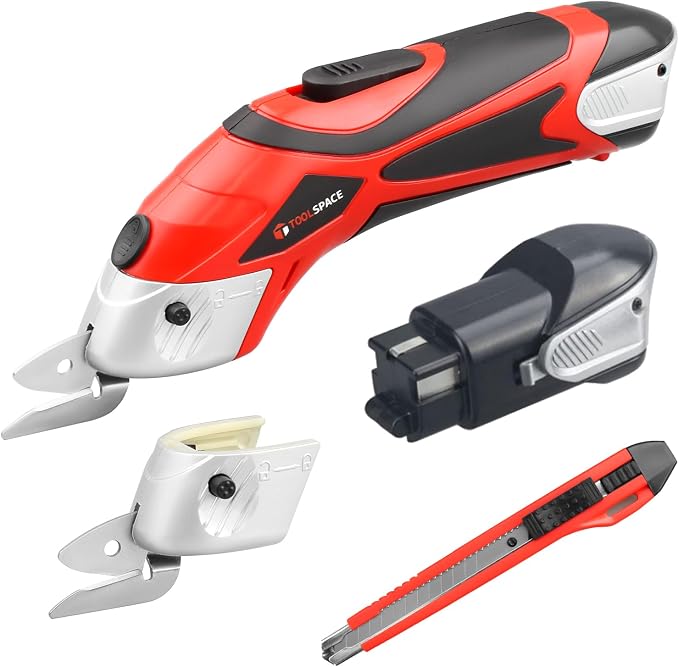 Cordless Electric Scissors with Two Blades, TOOLSPACE Electric Cardboard Cutter Fabric Scissors for Cutting Fabric, 4V Lithium-Ion 2 Pcs Rechargeable Battery, Easy Carry and Fast Charging