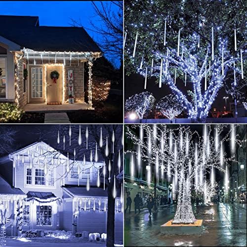 Meteor Shower Lights Outdoor, 2 Pack 11.8 Inches 10 Tubes 240 LED Snowfall Lights, Waterproof Meteor Christmas Light, Hanging Falling Rain Light for Tree Bushes Holiday Party Decoration, White