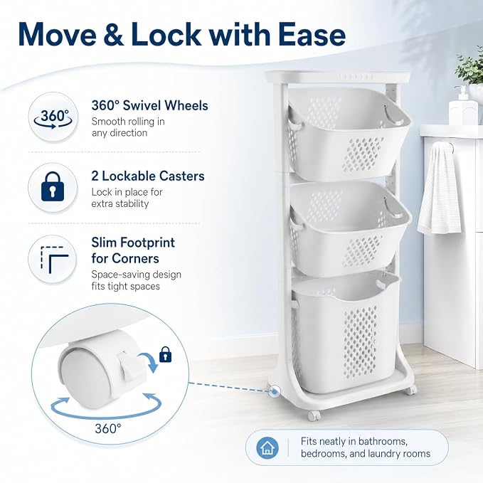 3 Tier Laundry Basket, Stackable Rolling Laundry Sorte Multi-functional Clothes Washing Storage Hamper Bin with Wheels for Bathroom, Household Kitchen (White)