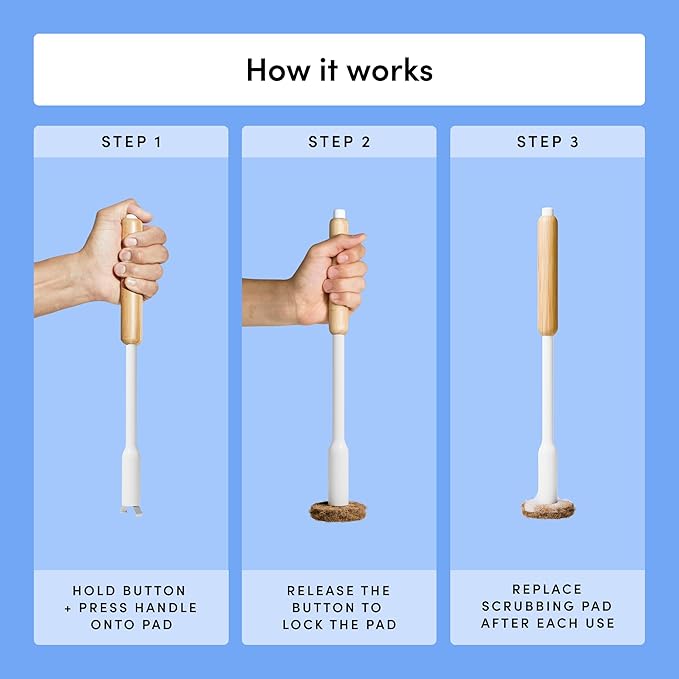 TUSHY Toilet Brush 2.0 Set: with Cleanser-Infused Pads and Holder (Disposable Planet Friendly Refills), Includes 8 Lemon and Tea Tree Coconut Husk Scrubbing Pads