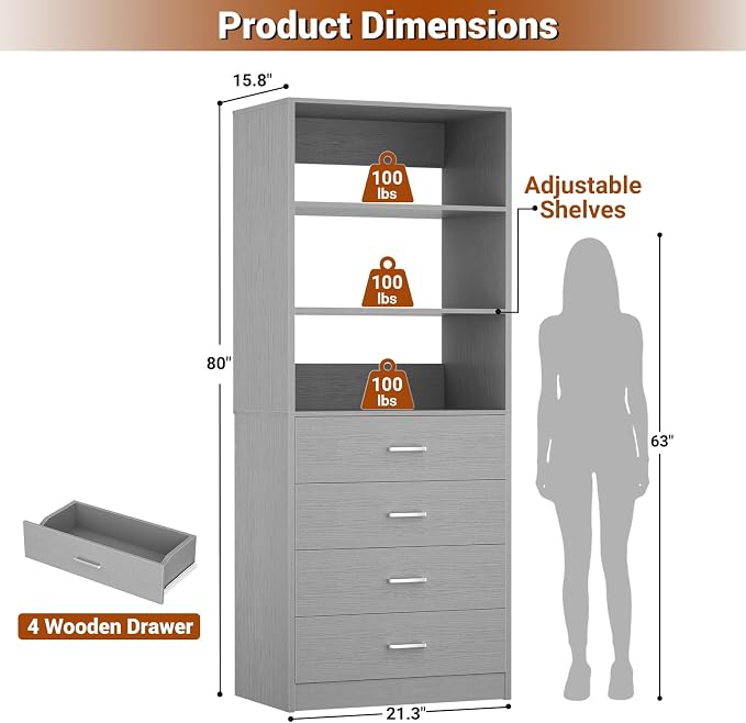 Aheaplus Closet Drawers System, 21.3" Wood Closet Organizer System with 4 Drawers, Modular Walk-in Closets System Storage Unit, Small Closets Wardrobe Rack, Tall Storage Cabinet Unit, Grey1