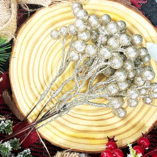 Fangoo 20 Pack 7 Inch Champagne Gold Berry Stems for Christmas Tree