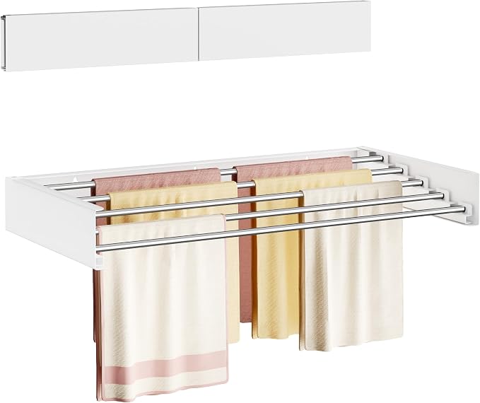 Wall Mounted Clothes Drying Rack Folding Indoor, Foldable Laundry Drying Rack Collapsible, Space Saving, Retractable Towel Drying Rack, with Wall Template(5 Drying Rods, White 23.6")