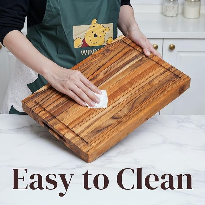 Large Teak Cutting Board 16" x 11" x 1.5" Thick Edge Grain Butcher Block for Meat & Kitchen Prep with Juice Groove and Handle, Solid Hardwood, Non Toxic Wood Cutting Board by New M Way