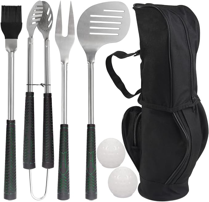 POLIGO 7PCS Golf-Club Style BBQ Tool Set Grilling Tools with Rubber Handle - Stainless Steel Grill Accessories for Outdoor Grill Set Premium Grill Utensils Set Fathers Day Birthday Gifts for Men Black
