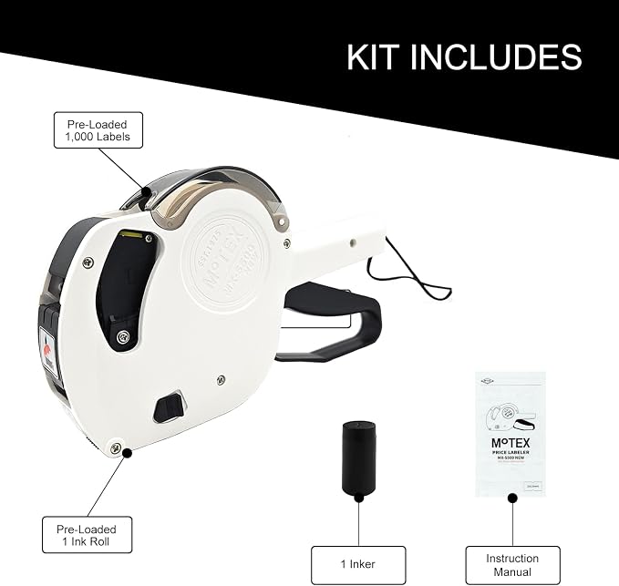 Motex MX-5500 New Version 1 Line 8 Digits Date Marking Gun – Pre-Loaded 1,000 White Sticker Labels and Pre-Loaded Inker with 1 Ink Refill - for Grocery Store, Retail Shop, Garage Sale (White)