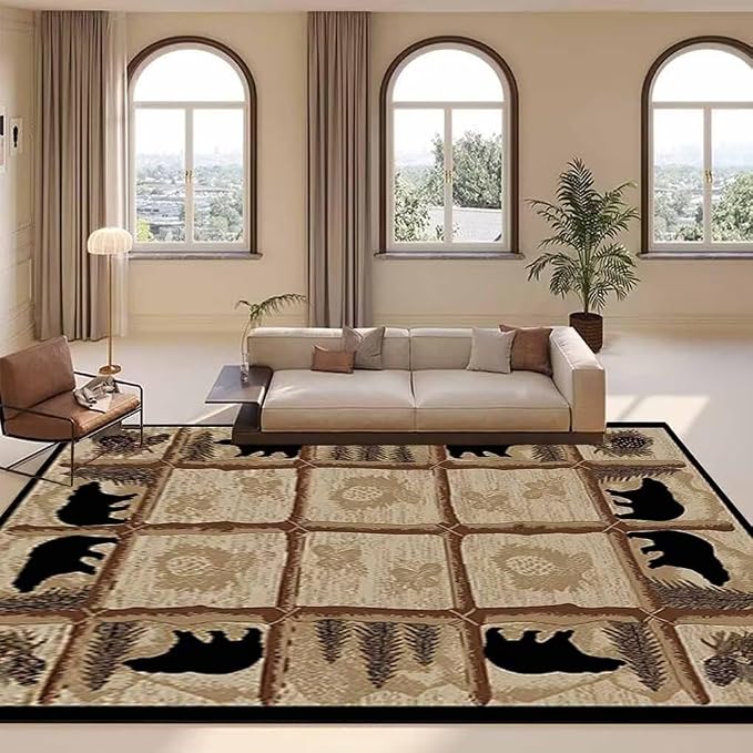Vintage Rustic Lodge Area Rug for Hallway Non-Slip Black Bear Cabin Carpet Couch Decor Western Wildlife Style Throw Rugs Pine Cone Mats 2'x3'