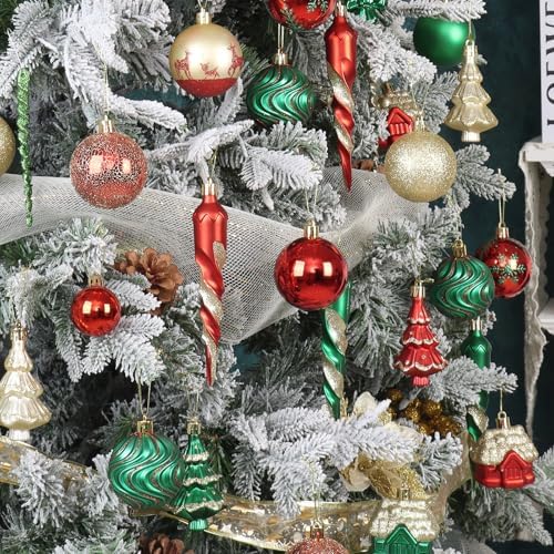 124Ct Red Green and Gold Christmas Ornaments Set, Luxury Shatterproof Assorted Christmas Decorations for Xmas Tree Snowflake Icicle House Ball Ornaments Baubles for Holiday Decor（Red Green Gold）