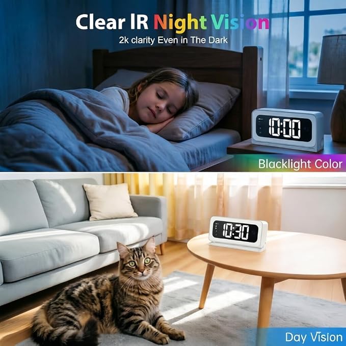 2K Alarm Clock Camera, 5G & 2.4G WiFi Indoor Nanny Cam for Home Security, Full Color Night Vision, AI Human Motion Detection, Local SD Storage
