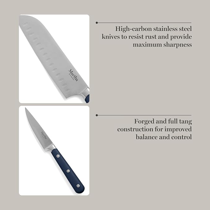 MARTHA STEWART Eastwalk 14 Piece High Carbon Staineless Steel Cutlery Set w/ABS Triple Riveted Forged Handle Acacia Wood Block - Navy Blue