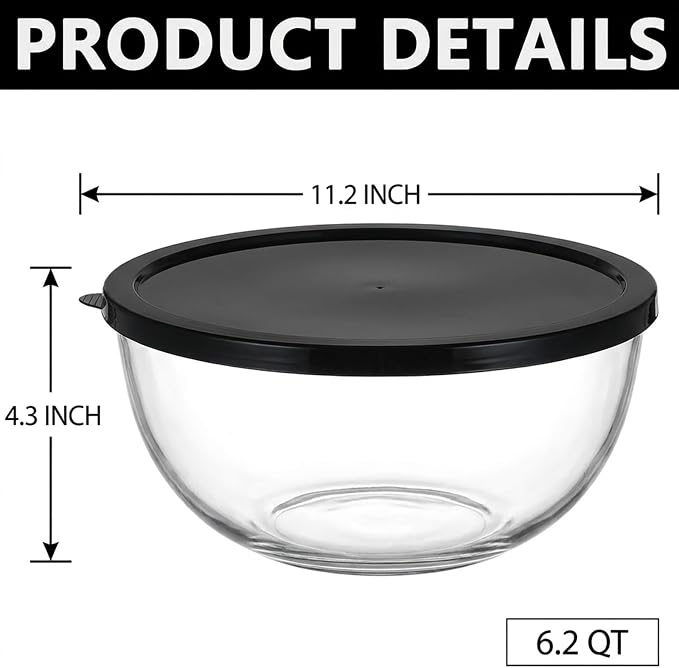 6.2QT Glass Sourdough Proofing Bowl with Lid, Large Mixing Bowl for Bread Dough Fermentation, Clear Borosilicate Glass Bowl for Baking, Salad, Meal Prep & Food Storage