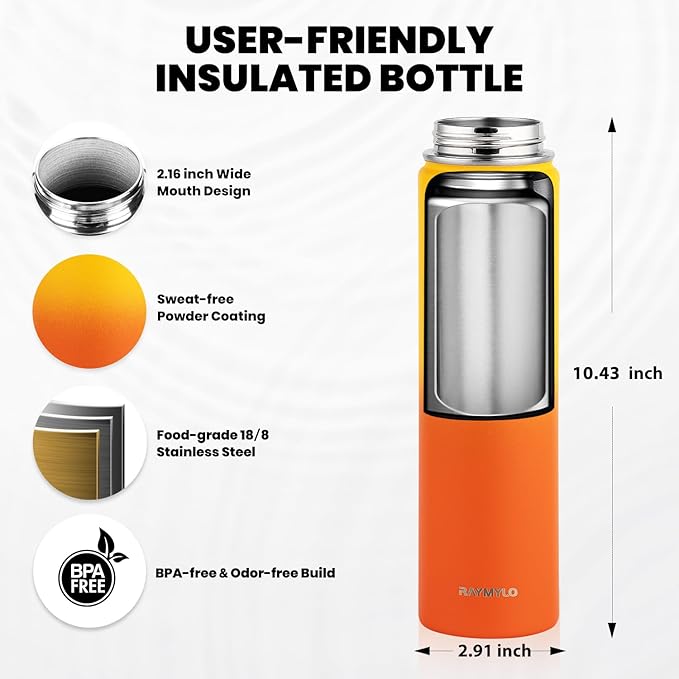 RAYMYLO Insulated Water Bottle 24 oz, Triple Wall Vacuum Stainless Steel (Cold for 24Hrs, Hot for 12Hrs), Leak Proof & Non-BPA, Modern Water Flask Jug with Paracord Handle & Straw Spout Lids