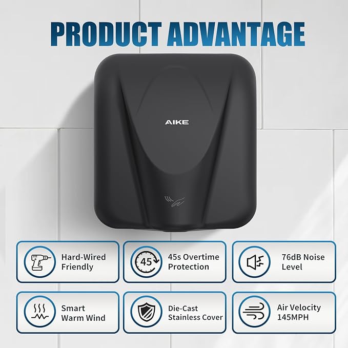 AIKE Elephant Power Commercial Hand Dryer High Speed Auto Warm Wind, Matte Black Thermoset Cover AC110V-130V Model AK2812