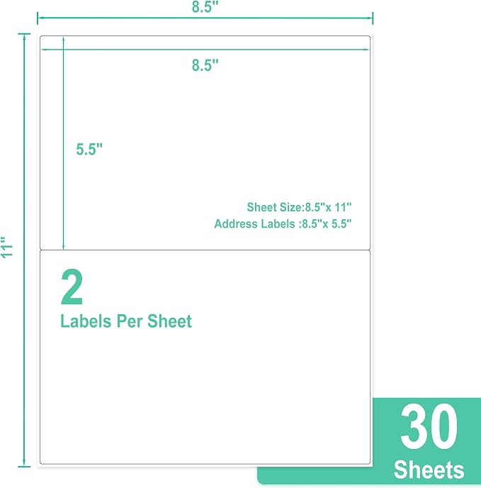 L LIKED 60 Half Sheet Shipping Labels, 2 per Sheet, 5.5 x 8.5 inchh, for Laser & Inkjet Printer - 30 Sheets