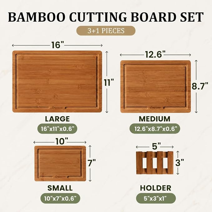 Empune Bamboo Cutting Boards for Kitchen, 3 Piece Extra Thick Cutting Board Set with Juice Groove, Deep Carbonized Bamboo Chopping Board, Reversible Wood Cutting Board for charcuterie boards, Brown