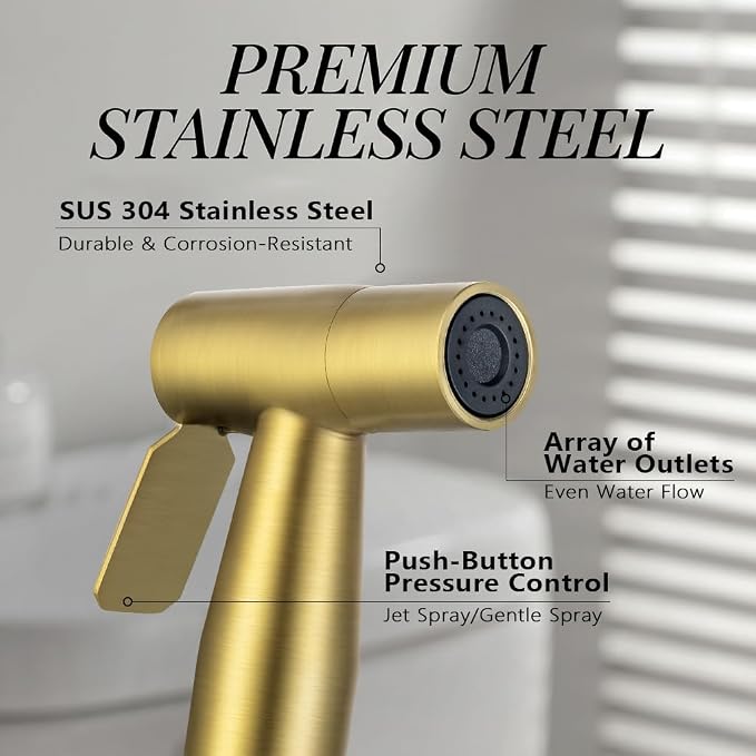 BARROCK Handheld Bidet Sprayer for Toilet, Stainless Steel Metal Made Baby Cloth Diaper Spraying Kit, Bathroom Toilet Bidet Attachment Set for Bathing Pets and Feminine Hygiene, Brushed Brass Gold