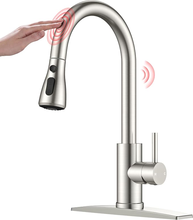 FORIOUS Touch Activated Kitchen Faucets Pull Down Sprayer, Brushed Nickel | High Arc Kitchen Sink Faucet with Deck Plate, Stainless Steel, Single Hole, Single Handle, Fit for RV Bar Farmhouse Laundry