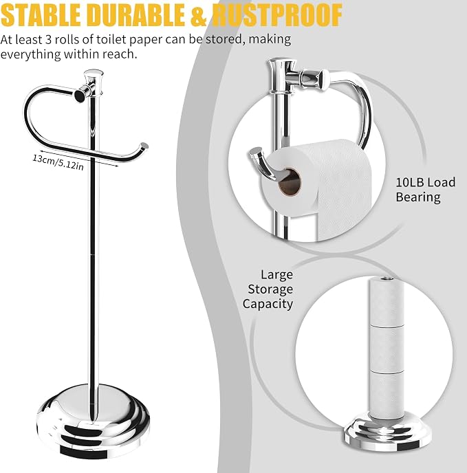 BESy Toilet Paper Holder Free Standing Bathroom Toilet Tissue Holder Stand for Floor Toilet Paper Roll Holder with Storage Hardware Accessories Rack Hand Towel Bar Polished Chrome Stainless Steel