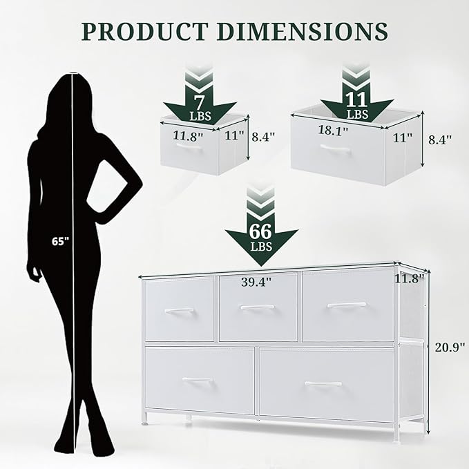 5-Drawer Dresser for Bedroom, Anti-Tip Wide Storage Organizer Fabric Chest of Drawers TV Stand for 45" TV with Wooden Top and Metal Frame for Closet, Living Room, Hallway, Entryway, White