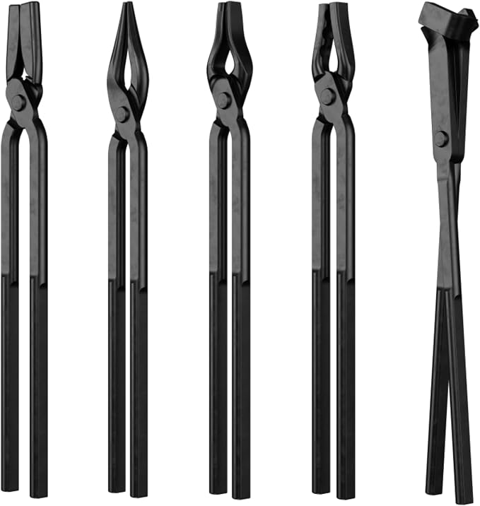 5PCS Blacksmith Tongs Set with Hammer - V-Bit Blade, Wolf Jaw, Scrollings, Flat Jaw & Square Jaw, Assembled High Carbon Steel Forging Tools for Metalworking